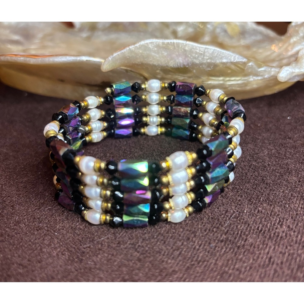Iridescent Oil Slick Hematite and Freshwater Pearl therapy Bracelet/necklace